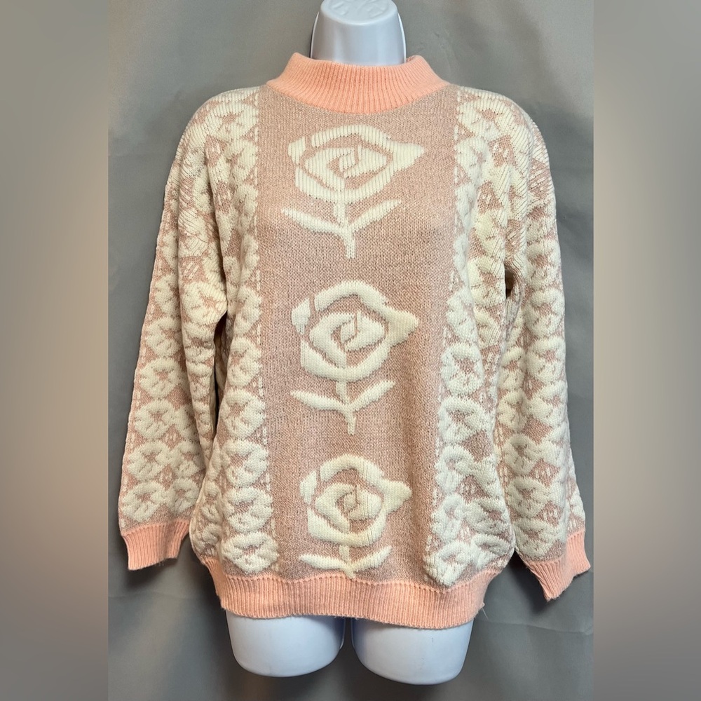 Vintage 90s Private Eyes Sweater Roses Sz 6 Y2K Made USA‎ Pink Silver Coquette